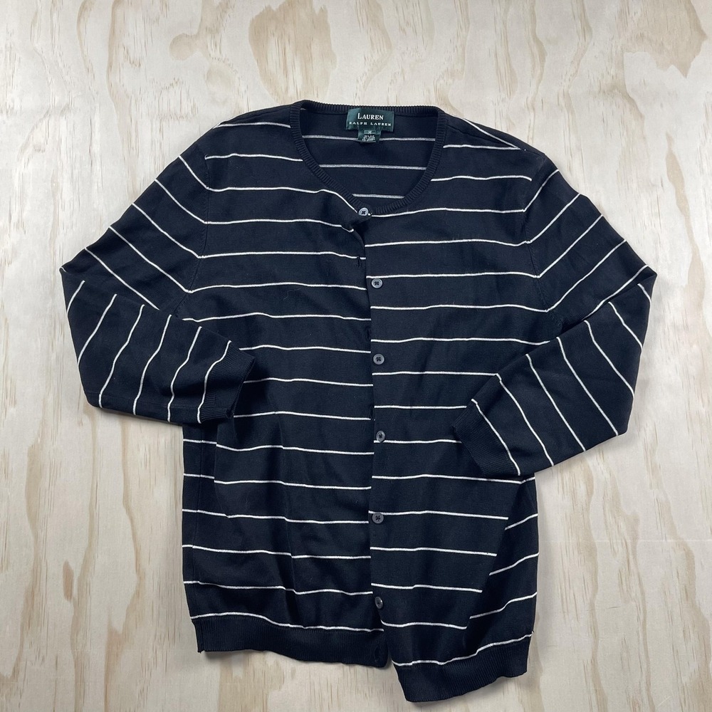 Lauren Ralph Lauren Cardigan Sweater Womens Medium Blue Striped Silk Blend Knit